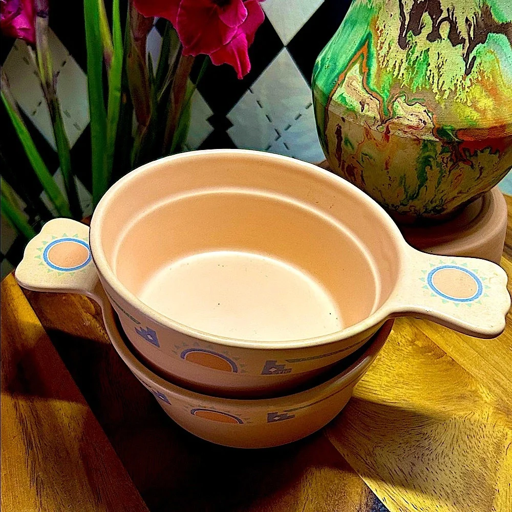 Vintage Southwestern Soup Bowls Pair Turquoise and Peach Desert‎ Decor